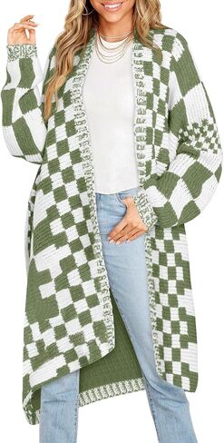 Saodimallsu Womens Checkered Long Cardigans Chunky Oversized Open Front Batwing Sleeve Color Block Knit Sweater Coats in Saudi Arabia