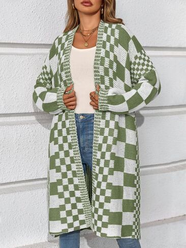 Saodimallsu Womens Checkered Long Cardigans Chunky Oversized Open Front Batwing Sleeve Color Block Knit Sweater Coats in Saudi Arabia