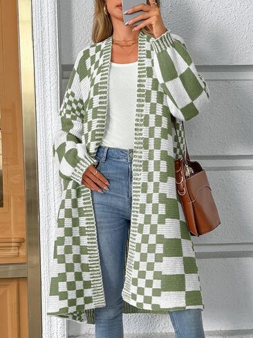 Saodimallsu Womens Checkered Long Cardigans Chunky Oversized Open Front Batwing Sleeve Color Block Knit Sweater Coats in Saudi Arabia