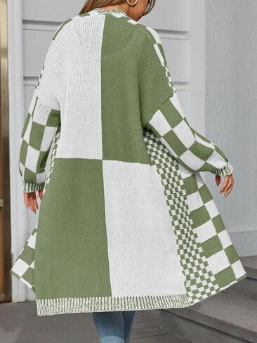 Saodimallsu Womens Checkered Long Cardigans Chunky Oversized Open Front Batwing Sleeve Color Block Knit Sweater Coats in Saudi Arabia