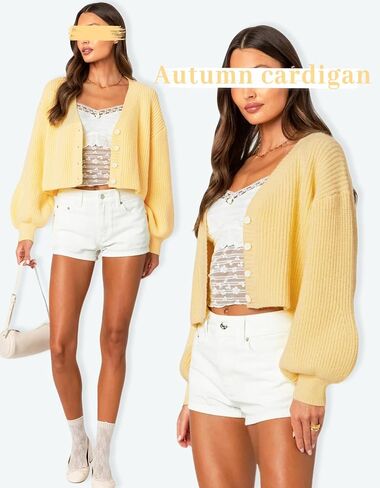 سترة صوفية قصيرة متماسكة للخريف للنساء مريحة بياقة على شكل V وزر مفتوح من الأمام وسترة قصيرة كبيرة الحجم in Kuwait