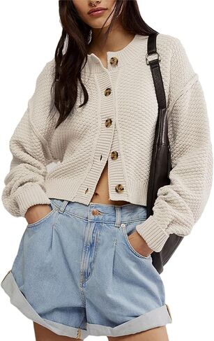 Women's Oversized Cropped Cardigan Sweater Open Front Long Sleeve Button Down Knit Outwear in Kuwait
