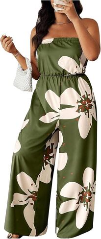 OYOANGLE Women's Plus Size Floral Print Off Shoulder Jumpsuit Strapless Overall Wide Leg Pants in Saudi Arabia