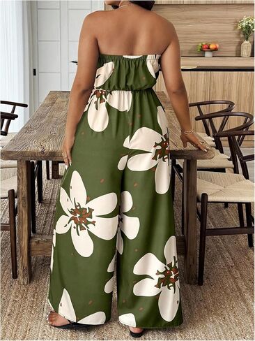 OYOANGLE Women's Plus Size Floral Print Off Shoulder Jumpsuit Strapless Overall Wide Leg Pants in Saudi Arabia
