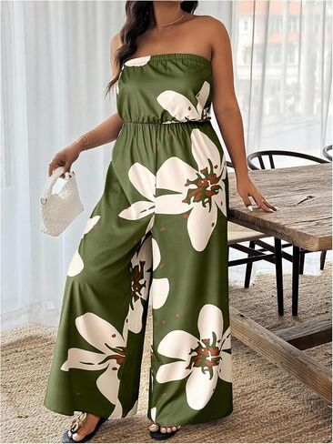 OYOANGLE Women's Plus Size Floral Print Off Shoulder Jumpsuit Strapless Overall Wide Leg Pants in Saudi Arabia