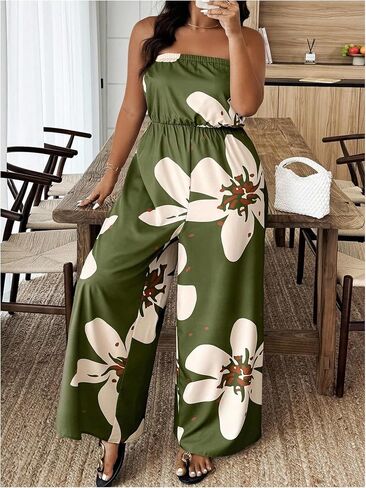 OYOANGLE Women's Plus Size Floral Print Off Shoulder Jumpsuit Strapless Overall Wide Leg Pants in Saudi Arabia