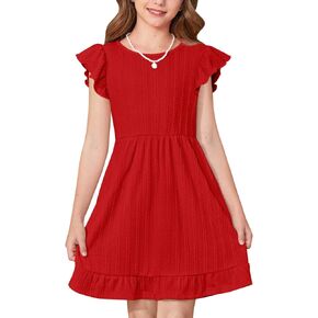 فستان BesserBay صيفي للفتيات متوسط ​​الطول مكشكش للعودة إلى المدرسة وأكمام مرفرفة كاجوال بخصر مطاطي مع جيوب 5-14 سنة in Kuwait