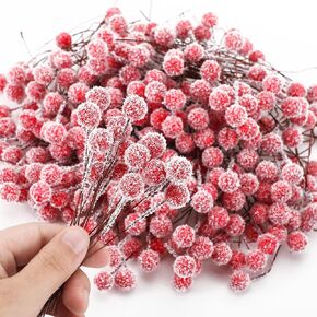 300 Pcs Snowy Artificial Holly Berry Stems Christmas Berry Picks Bulk Mini Fake Red Picks Flocked Ornaments for Christmas Tree Branches Fillers Wreath Home Xmas Winter Holiday Decorations in Kuwait