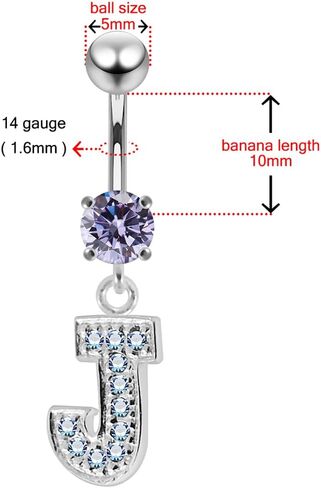 Stylish J Alphabet Dangling 925 Sterling Silver with Stainless Steel Belly Ring - Belly Button jewelry - Navel jewelry in Saudi Arabia