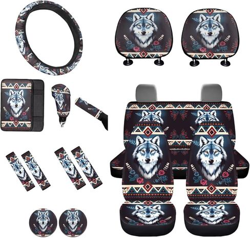 Flowers Car Seat Cover Full Set for Women, 16 Pcs Skull Car Front Rear Seat Cover Steering Wheel Cover Center Console Cover Seatbelt Cover Car Headrest Cover and Cup Coaster in Saudi Arabia