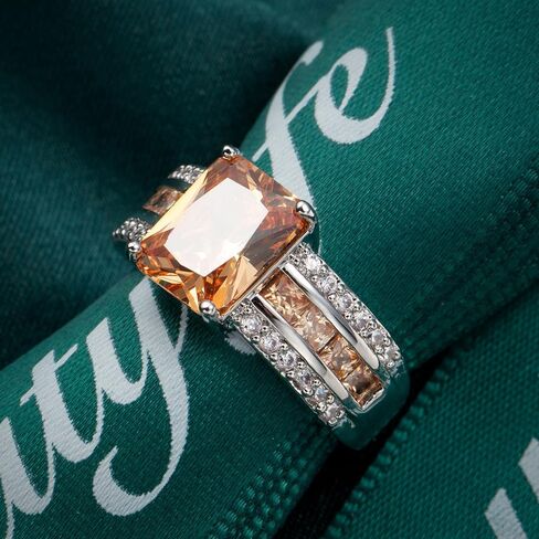Silver Plated Sparkling Emerald Princess Cut Created Morganite CZ Cubic Zirconia Pave Filled Halo Wedding Engagement Band Elegant Women's Ring for Mom Bridal Lover in Saudi Arabia