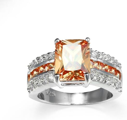 Silver Plated Sparkling Emerald Princess Cut Created Morganite CZ Cubic Zirconia Pave Filled Halo Wedding Engagement Band Elegant Women's Ring for Mom Bridal Lover in Saudi Arabia