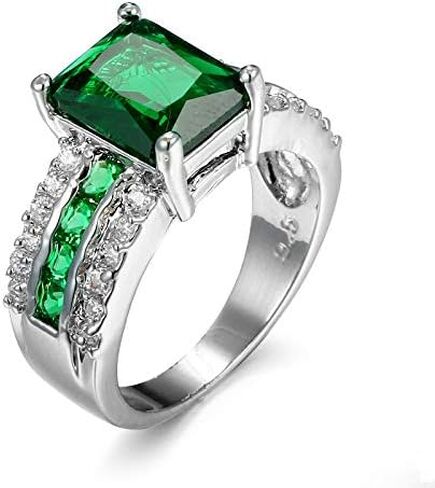 Silver Plated Sparkling Emerald Princess Cut Created Morganite CZ Cubic Zirconia Pave Filled Halo Wedding Engagement Band Elegant Women's Ring for Mom Bridal Lover in Saudi Arabia