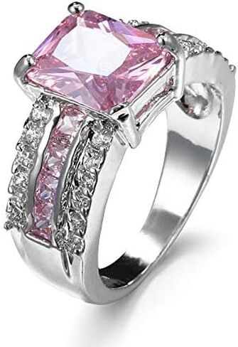 Silver Plated Sparkling Emerald Princess Cut Created Morganite CZ Cubic Zirconia Pave Filled Halo Wedding Engagement Band Elegant Women's Ring for Mom Bridal Lover in Saudi Arabia