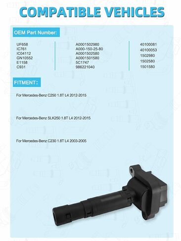 مجموعة من 4 ملفات إشعال UF658 (1.8T L4) لسيارة Mercedes Benz C250 SLK250 2012-2015، C230 2003-2005، استبدال # IC761 A0001502580 GN10552 in Saudi Arabia