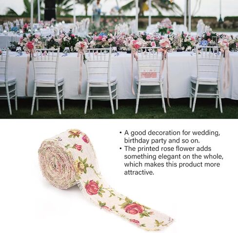 Jute Ribbon, 10M Elegant Printed Burlap Ribbon with Rose Flower, for Home Decoration for Clothing Decoration in Saudi Arabia
