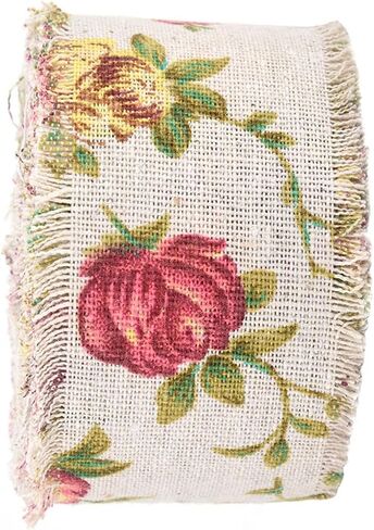 Jute Ribbon, 10M Elegant Printed Burlap Ribbon with Rose Flower, for Home Decoration for Clothing Decoration in Saudi Arabia