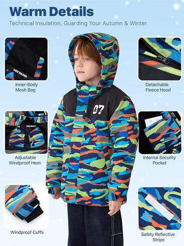 FREE SOLDIER Boys Girls Waterproof Ski Jacket Fleece Lined Warm Winter Snow Coat Kids Winter Jacket with Detachable Hood in Kuwait