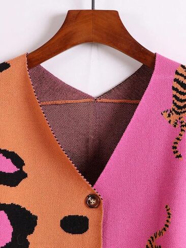 QJQ Women's Leopard Animal Tiger Print Cardigan Sweaters V Neck Long Sleeve Color Block Button Down Sweater Tops 2025 in Saudi Arabia
