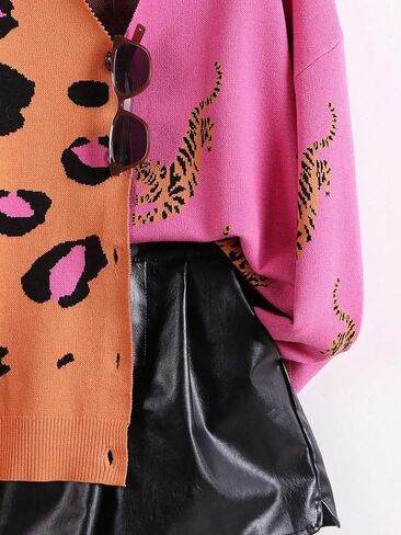 QJQ Women's Leopard Animal Tiger Print Cardigan Sweaters V Neck Long Sleeve Color Block Button Down Sweater Tops 2025 in Saudi Arabia