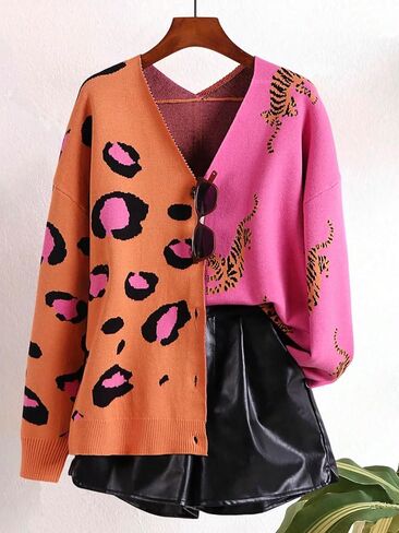 QJQ Women's Leopard Animal Tiger Print Cardigan Sweaters V Neck Long Sleeve Color Block Button Down Sweater Tops 2025 in Saudi Arabia
