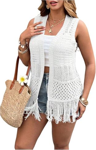 Women's Plus Size Boho Fringe Sleeveless Cardigan Open Front Hollow Out Crochet Knit Vest in Saudi Arabia