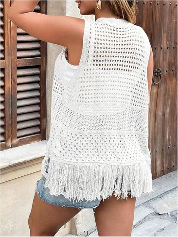 Women's Plus Size Boho Fringe Sleeveless Cardigan Open Front Hollow Out Crochet Knit Vest in Saudi Arabia