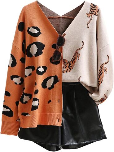 QJQ Women's Leopard Animal Tiger Print Cardigan Sweaters V Neck Long Sleeve Color Block Button Down Sweater Tops 2025 in Saudi Arabia