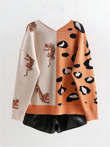 QJQ Women's Leopard Animal Tiger Print Cardigan Sweaters V Neck Long Sleeve Color Block Button Down Sweater Tops 2025 in Saudi Arabia