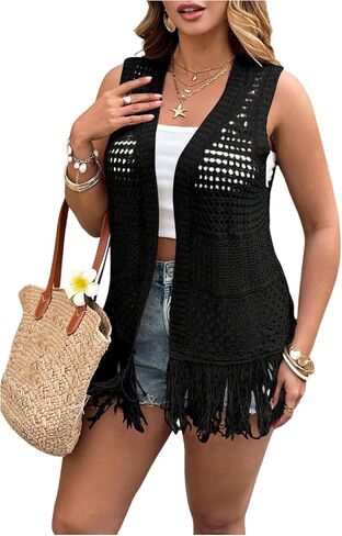 Women's Plus Size Boho Fringe Sleeveless Cardigan Open Front Hollow Out Crochet Knit Vest in Saudi Arabia