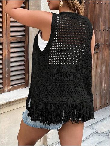 Women's Plus Size Boho Fringe Sleeveless Cardigan Open Front Hollow Out Crochet Knit Vest in Saudi Arabia