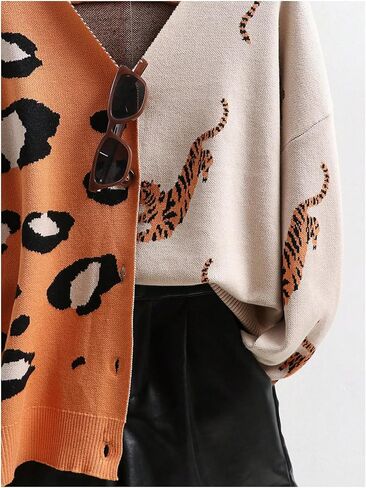 QJQ Women's Leopard Animal Tiger Print Cardigan Sweaters V Neck Long Sleeve Color Block Button Down Sweater Tops 2025 in Saudi Arabia