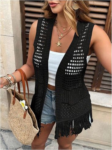 Women's Plus Size Boho Fringe Sleeveless Cardigan Open Front Hollow Out Crochet Knit Vest in Saudi Arabia