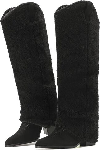 Putu Fold Over Boots for Women Knee High Cowboy Boots Chunky High Heel Tall Boots in Kuwait