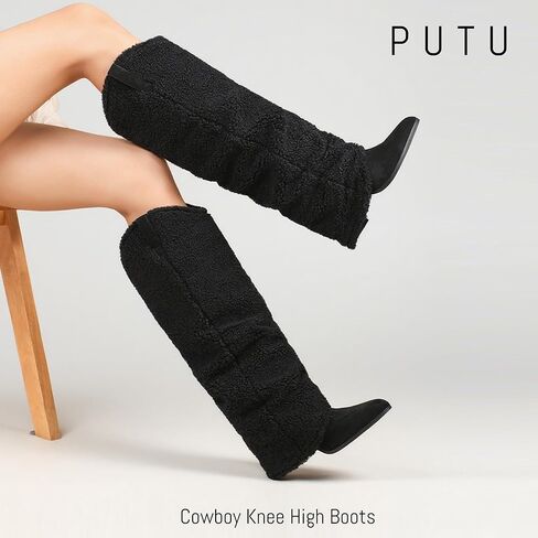 Putu Fold Over Boots for Women Knee High Cowboy Boots Chunky High Heel Tall Boots in Kuwait