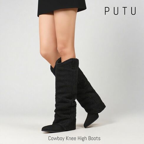 Putu Fold Over Boots for Women Knee High Cowboy Boots Chunky High Heel Tall Boots in Kuwait