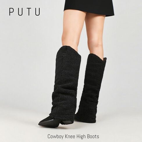 Putu Fold Over Boots for Women Knee High Cowboy Boots Chunky High Heel Tall Boots in Kuwait