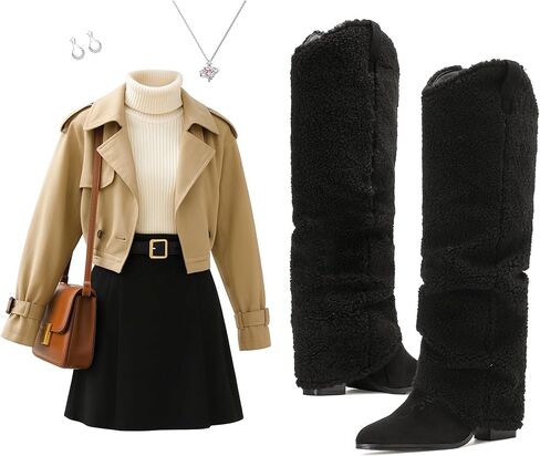 Putu Fold Over Boots for Women Knee High Cowboy Boots Chunky High Heel Tall Boots in Kuwait