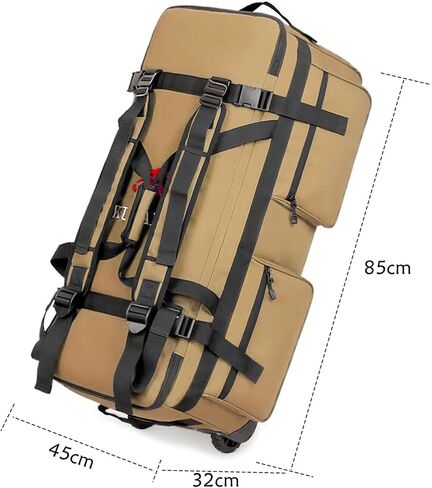 حقيبة من القماش الخشن المتدحرج سعة 110 لتر مع عجلات، واق من المطر للسفر متين وقابل للطي، و4 خيارات للحمل (كتف واحد، كتف مزدوج، حمل يدوي، شد) (بني) in Kuwait