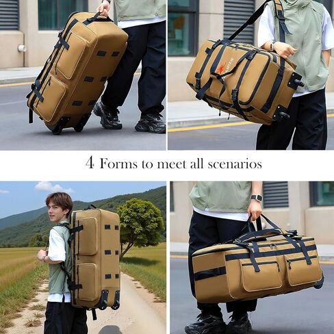 حقيبة من القماش الخشن المتدحرج سعة 110 لتر مع عجلات، واق من المطر للسفر متين وقابل للطي، و4 خيارات للحمل (كتف واحد، كتف مزدوج، حمل يدوي، شد) (بني) in Kuwait