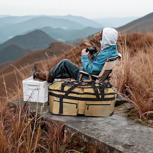 حقيبة من القماش الخشن المتدحرج سعة 110 لتر مع عجلات، واق من المطر للسفر متين وقابل للطي، و4 خيارات للحمل (كتف واحد، كتف مزدوج، حمل يدوي، شد) (بني) in Kuwait