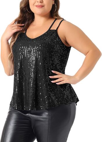 Agnes Orinda Plus Size Sequin Tops for Women Metallic Sparkle Sleeveless Spaghetti Strap Cami Party Tank Tops in Saudi Arabia