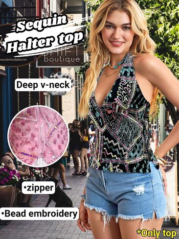 Sequin Tank Top for Women, V Neck Halter Backless, Club Concert Festival, Sexy Beaded Tops Going Out Sparkly in Saudi Arabia