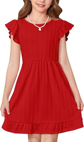 BesserBay Girls Summer Ruffle Dress Flutter Sleeve Casual Ribbed Dresses Elastic Waist with Pockets 5-14 Years in Kuwait