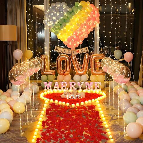 1027 Pcs I LOVE U Light Up Letters Proposal Decorations, I LOVE U Sign with 24 Pcs Heart Flameless Candles 1000 Pcs Rose Petals for Valentine's Day Wedding Proposal Romantic Night Decor in Saudi Arabia