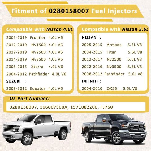0280158007 VK56DE 5.6L حاقن الوقود، متوافق مع/نيسان 5.6 تيتان أرمادا باثفايندر 2005-2015 |12 فتحة| |مجموعة من 8| in Saudi Arabia