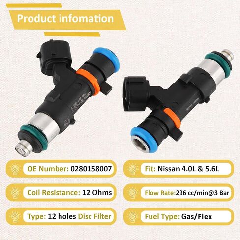 0280158007 VK56DE 5.6L حاقن الوقود، متوافق مع/نيسان 5.6 تيتان أرمادا باثفايندر 2005-2015 |12 فتحة| |مجموعة من 8| in Saudi Arabia