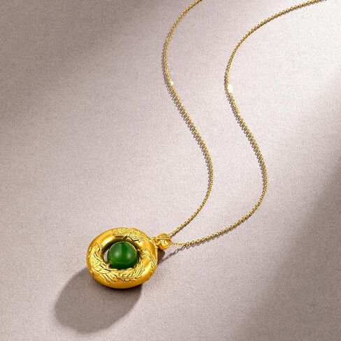24K Solid Gold Pendant for Women, Real Pure Gold Phoenix Round Green White Nephrite Jade Bead Jewelry Dainty Pendant for Men Girlfriend (Not Include Necklace) in Kuwait
