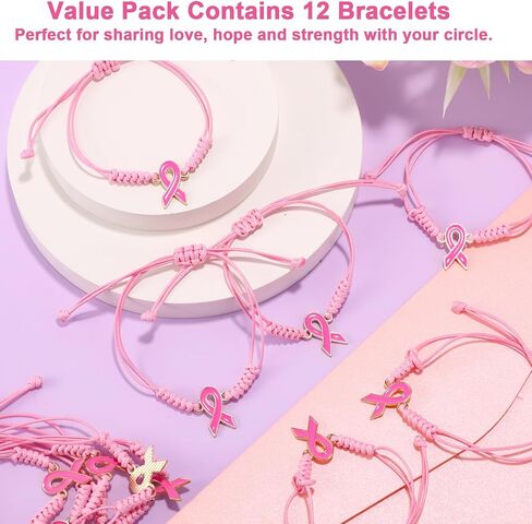 12pcs Breast Awareness Bracelets, Adjustable Pink Braided Wristband Wrist band Outfit Inspirational Jewelry Gift Sign Bulk Accessories for Support Survivors Fighters Charity Events in Saudi Arabia