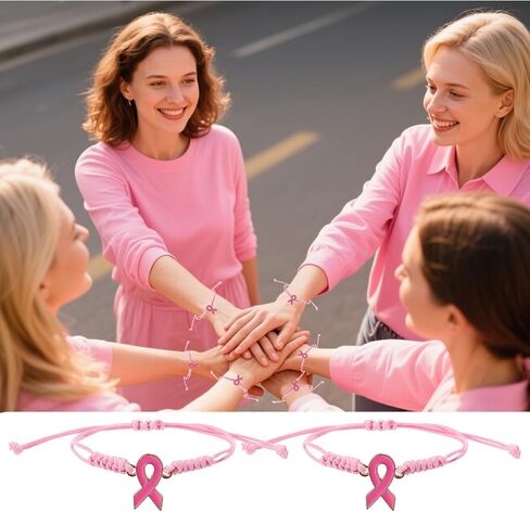 12pcs Breast Awareness Bracelets, Adjustable Pink Braided Wristband Wrist band Outfit Inspirational Jewelry Gift Sign Bulk Accessories for Support Survivors Fighters Charity Events in Saudi Arabia